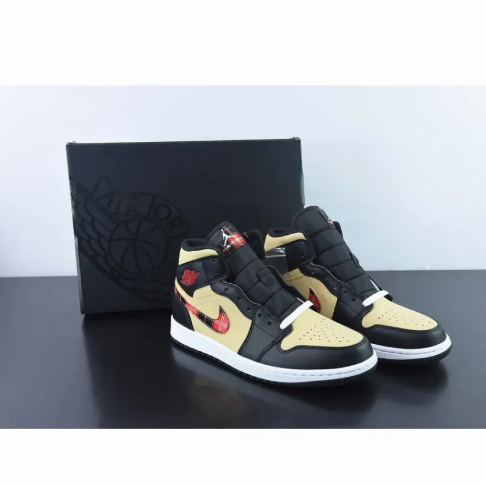Air Jordan 1 Mid Tartan Swoosh Tan/Black-Red  DZ5329-001