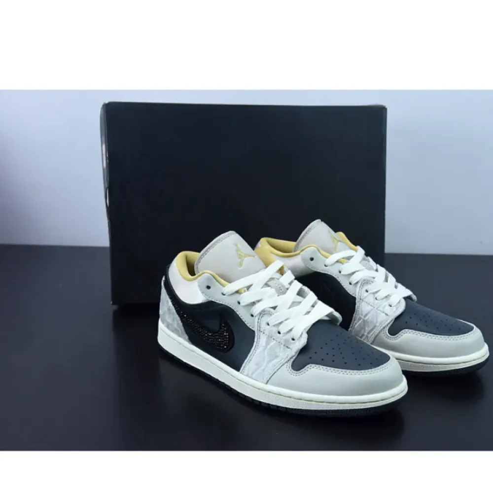 Air Jordan 1 Low Beaded Swooshes Black/Grey-Gold  DV1762-001