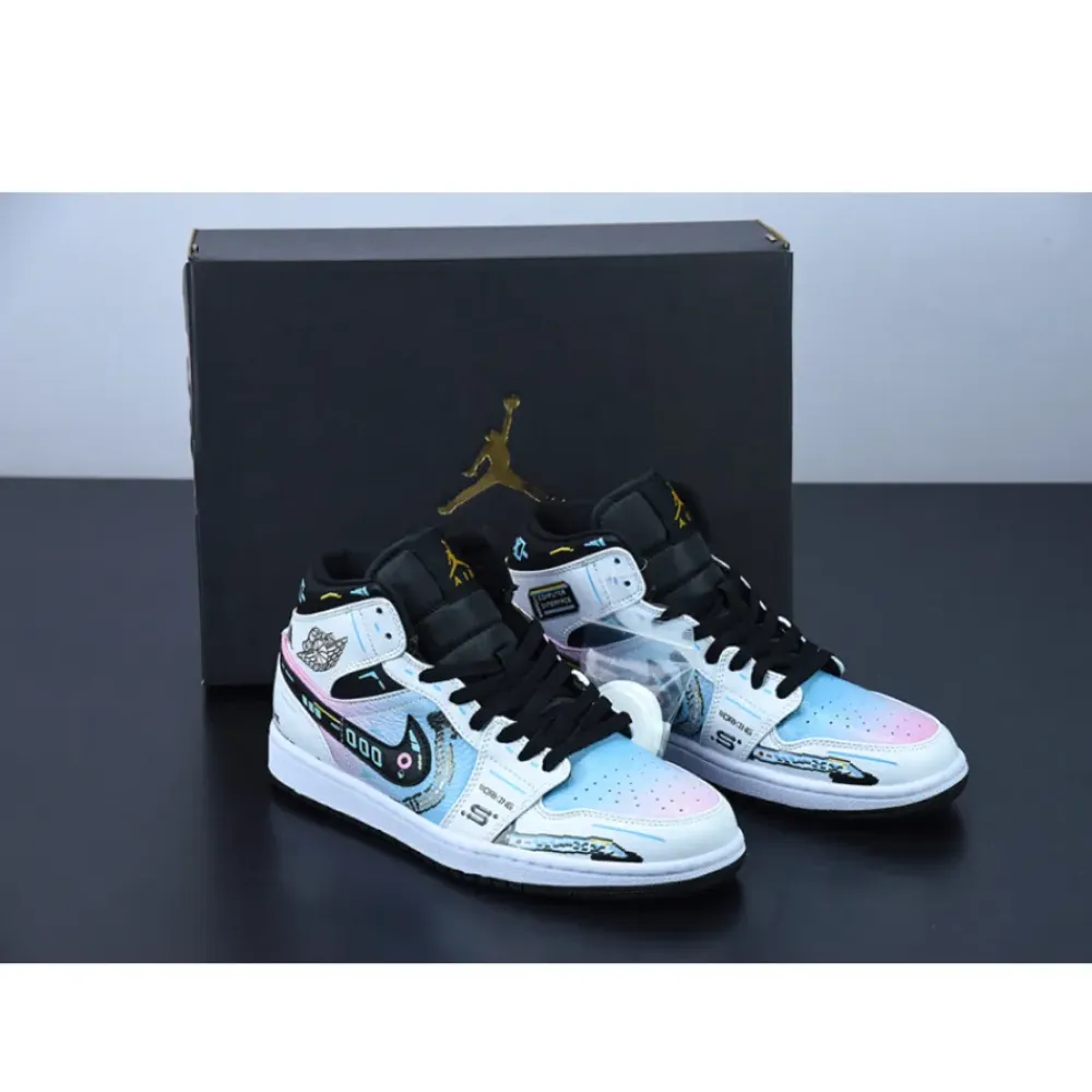 Custom Air Jordan 1 Mid OG ’Video Game’ White Black