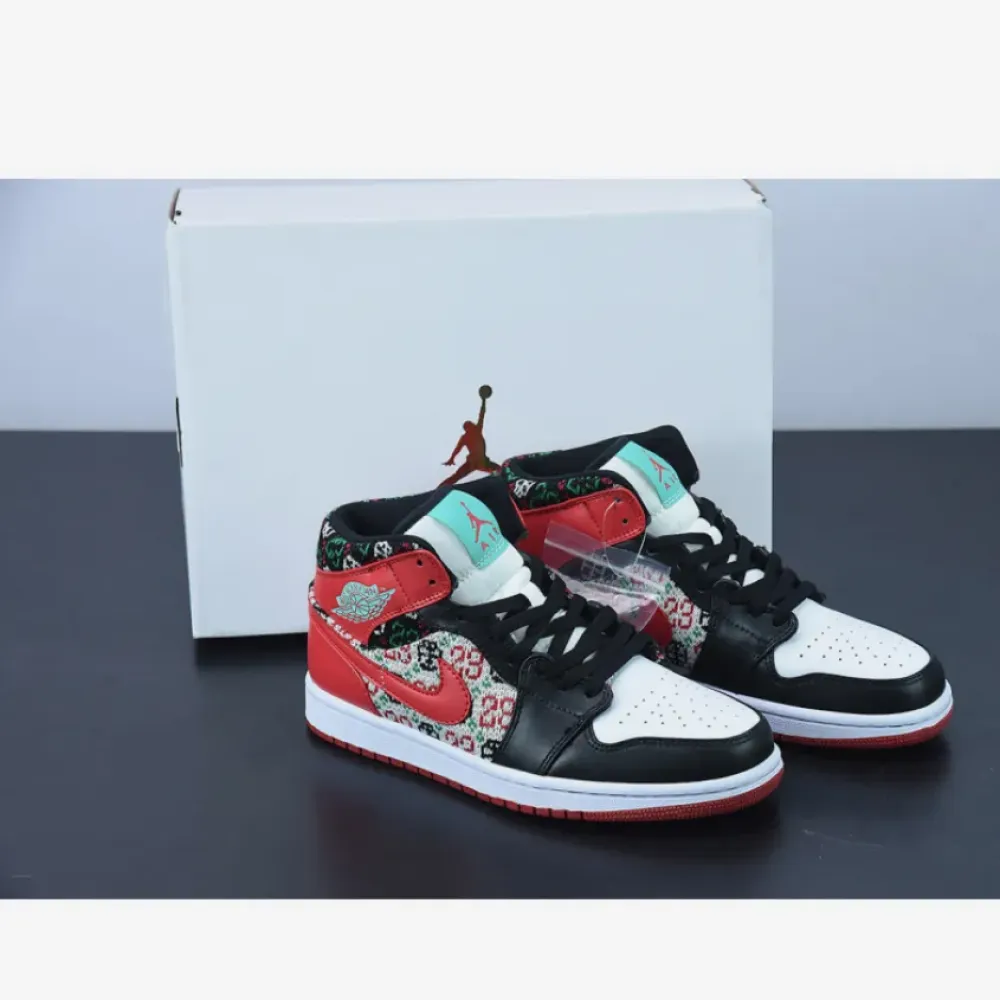 Air Jordan 1 Mid ‘Holiday’ White/Black-Roma Green-University Red  DM1208-150