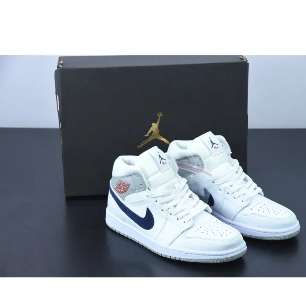 Air Jordan 1 Mid Paris White/Grey-Navy-Red  DR8038-100