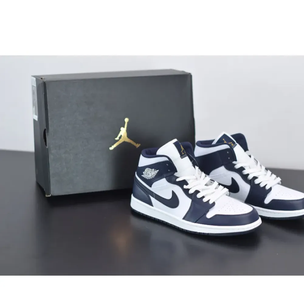 Air Jordan 1 Mid White Metallic Gold Obsidian  554724-174