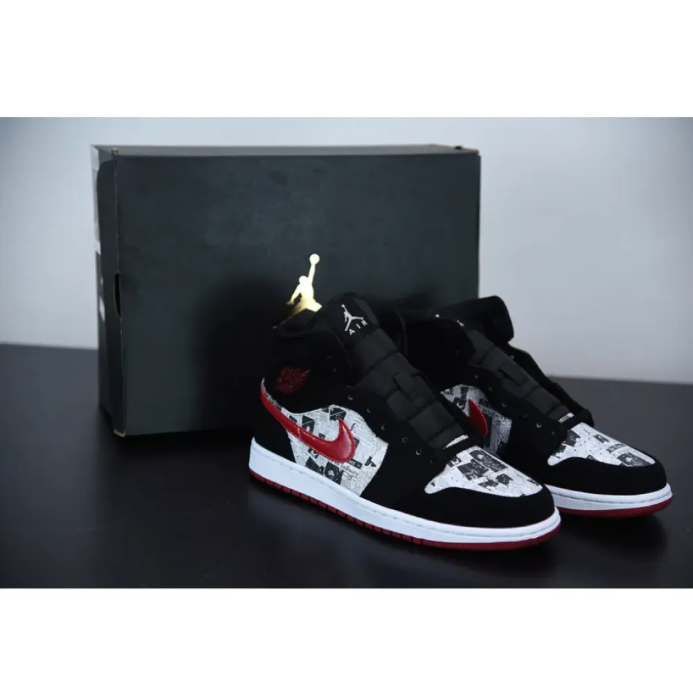 Air Jordan 1 Mid ‘Newspaper Air Times’ Black/Gym Red-White 852542-061