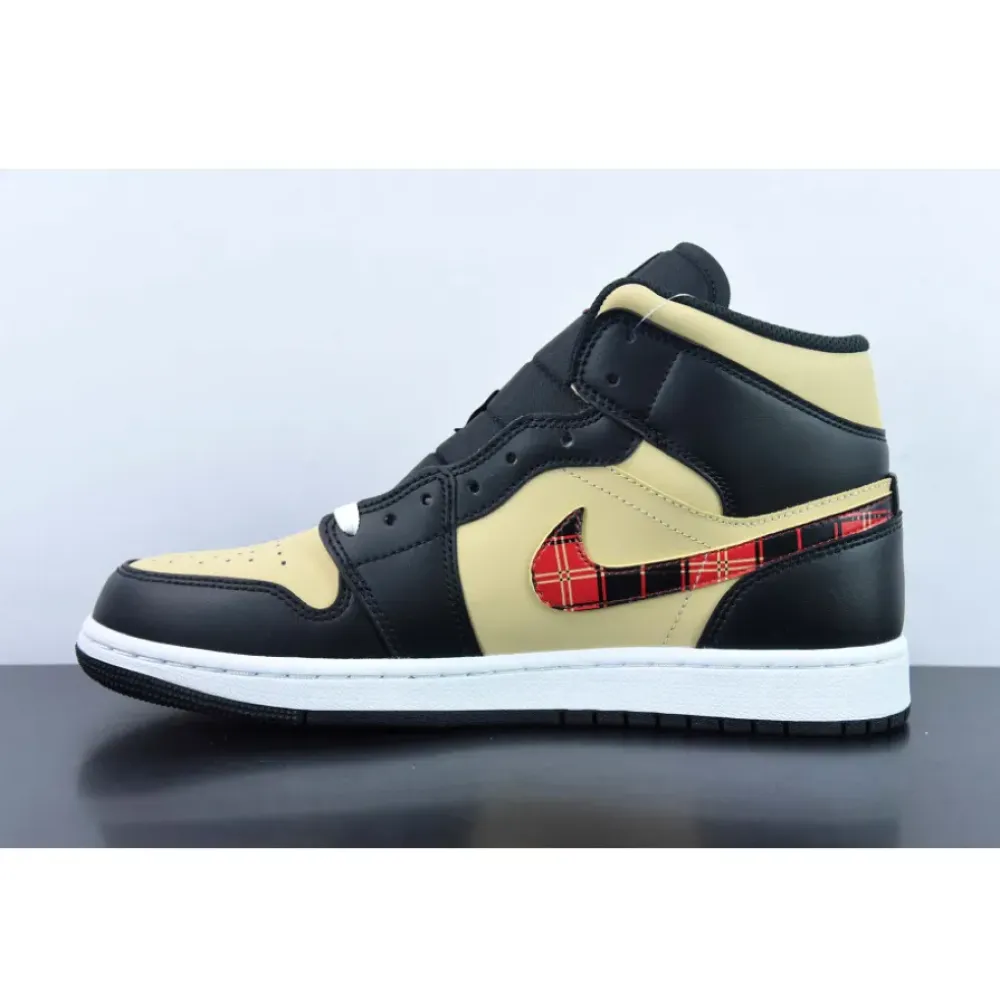 Air Jordan 1 Mid Tartan Swoosh Tan/Black-Red  DZ5329-001