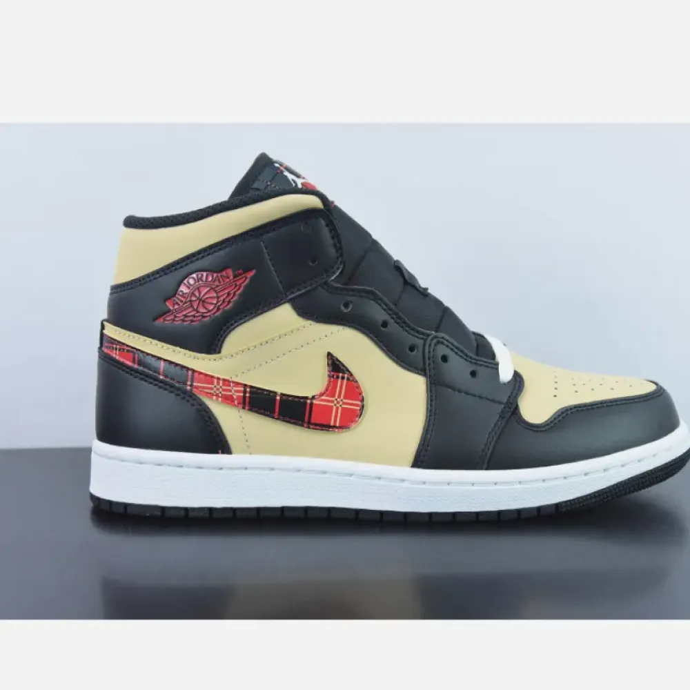 Air Jordan 1 Mid Tartan Swoosh Tan/Black-Red  DZ5329-001