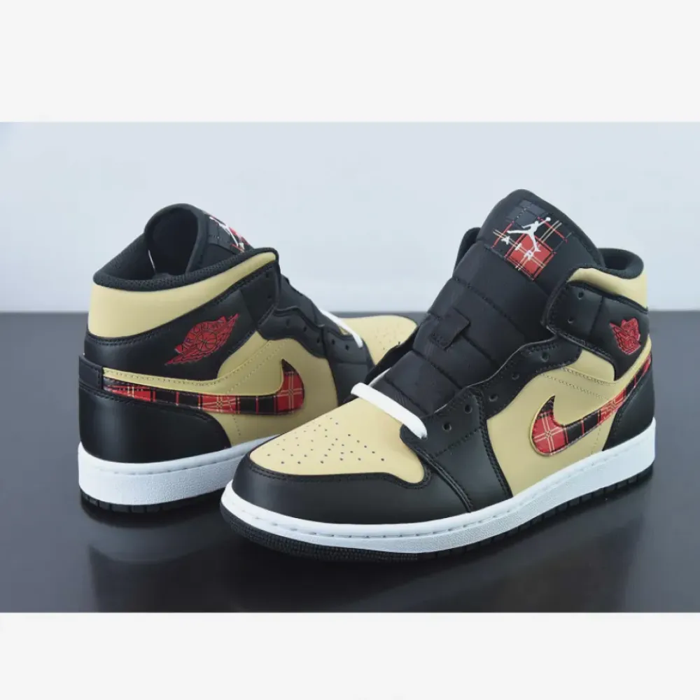 Air Jordan 1 Mid Tartan Swoosh Tan/Black-Red  DZ5329-001