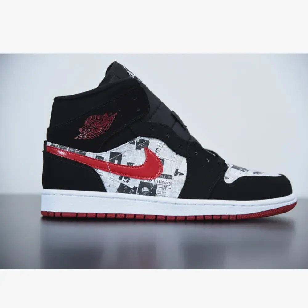 Air Jordan 1 Mid ‘Newspaper Air Times’ Black/Gym Red-White 852542-061