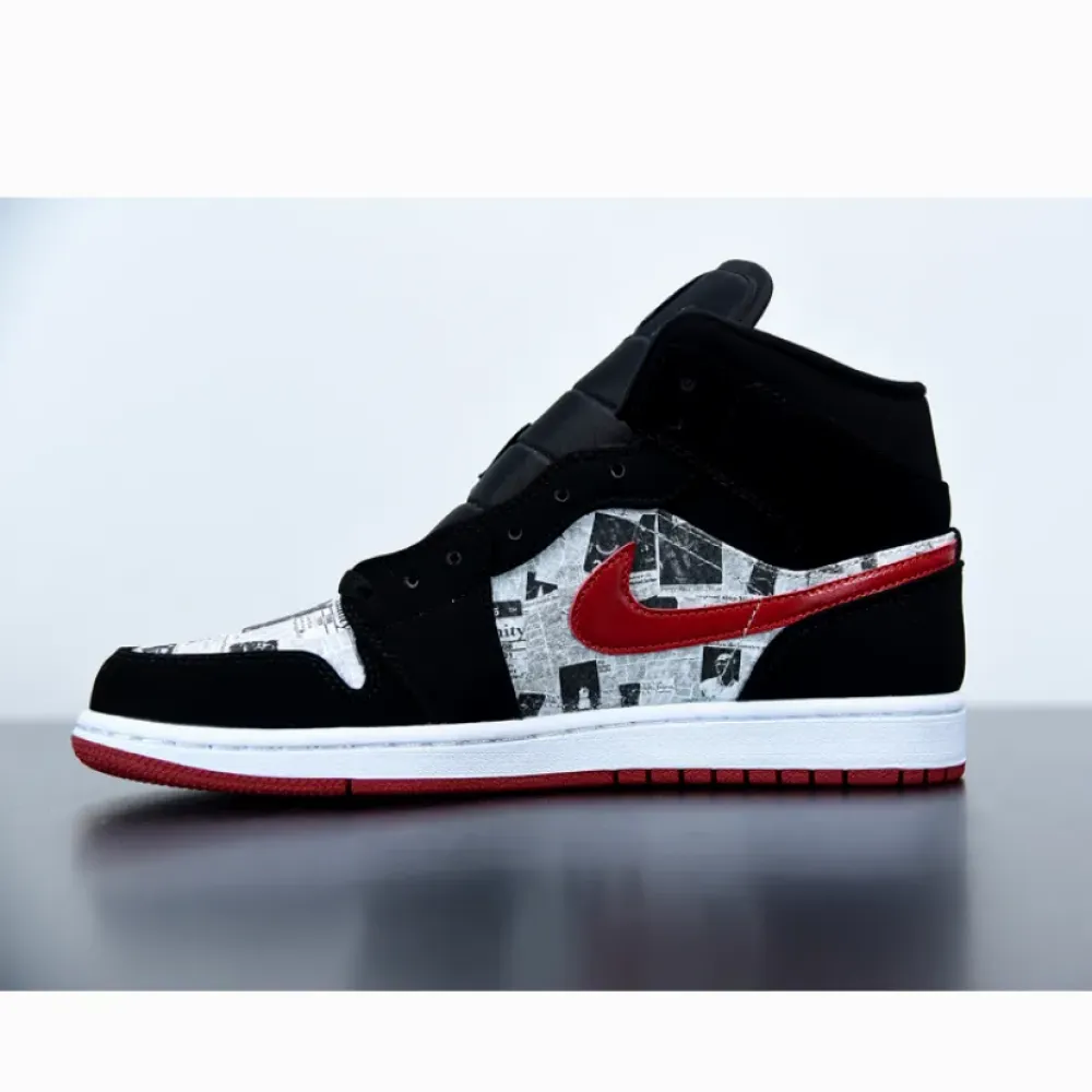 Air Jordan 1 Mid ‘Newspaper Air Times’ Black/Gym Red-White 852542-061