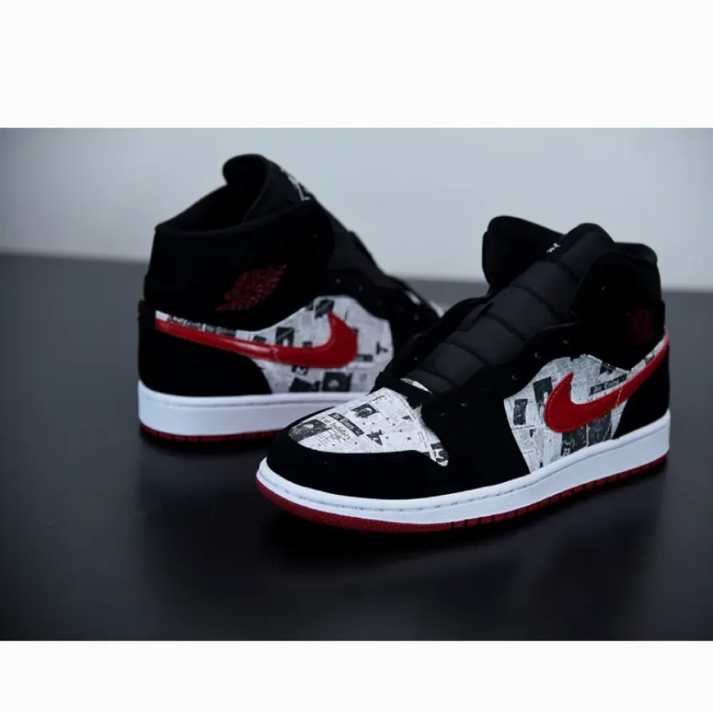 Air Jordan 1 Mid ‘Newspaper Air Times’ Black/Gym Red-White 852542-061