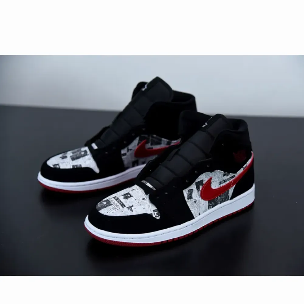 Air Jordan 1 Mid ‘Newspaper Air Times’ Black/Gym Red-White 852542-061
