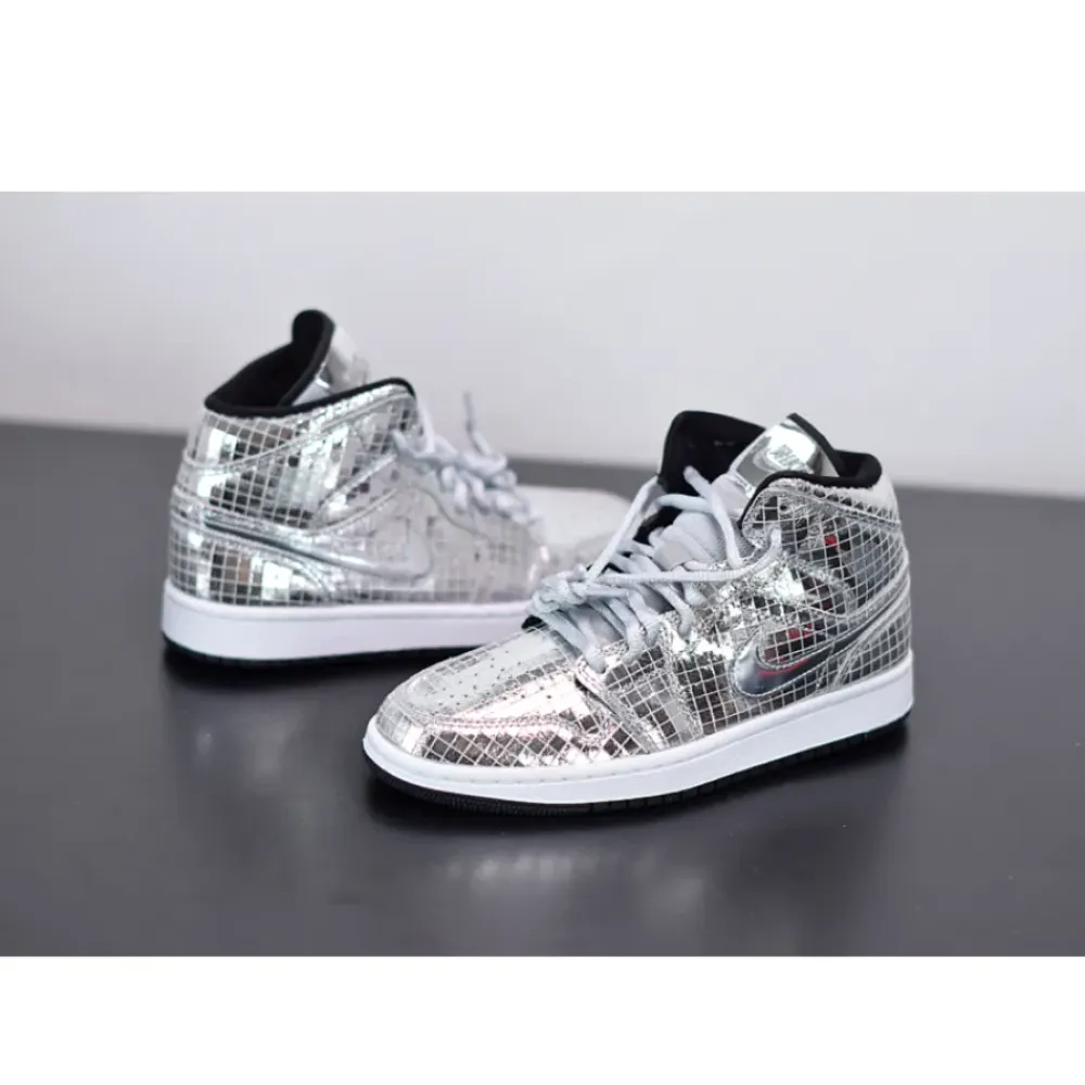 Air Jordan 1 Mid “Disco Ball” Metallic Silver/Black-White  CU9304-001