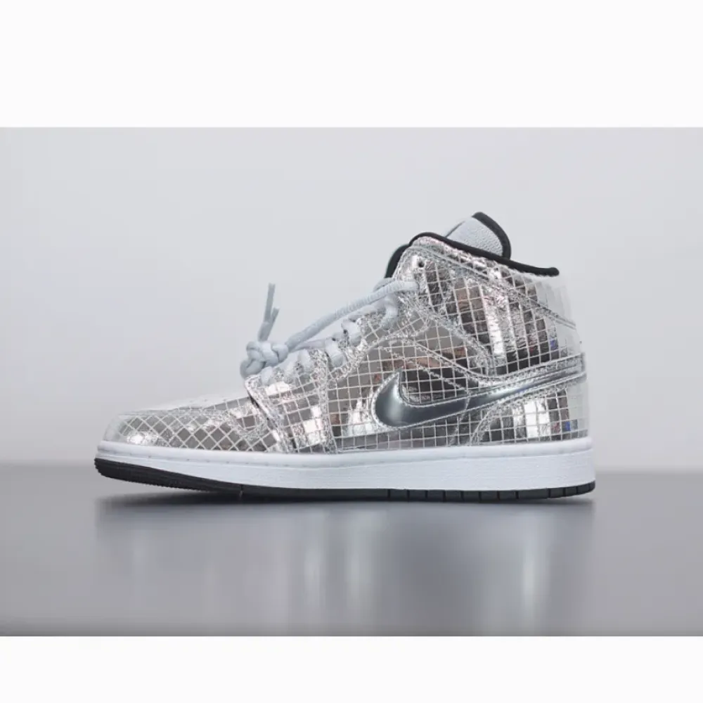 Air Jordan 1 Mid “Disco Ball” Metallic Silver/Black-White  CU9304-001