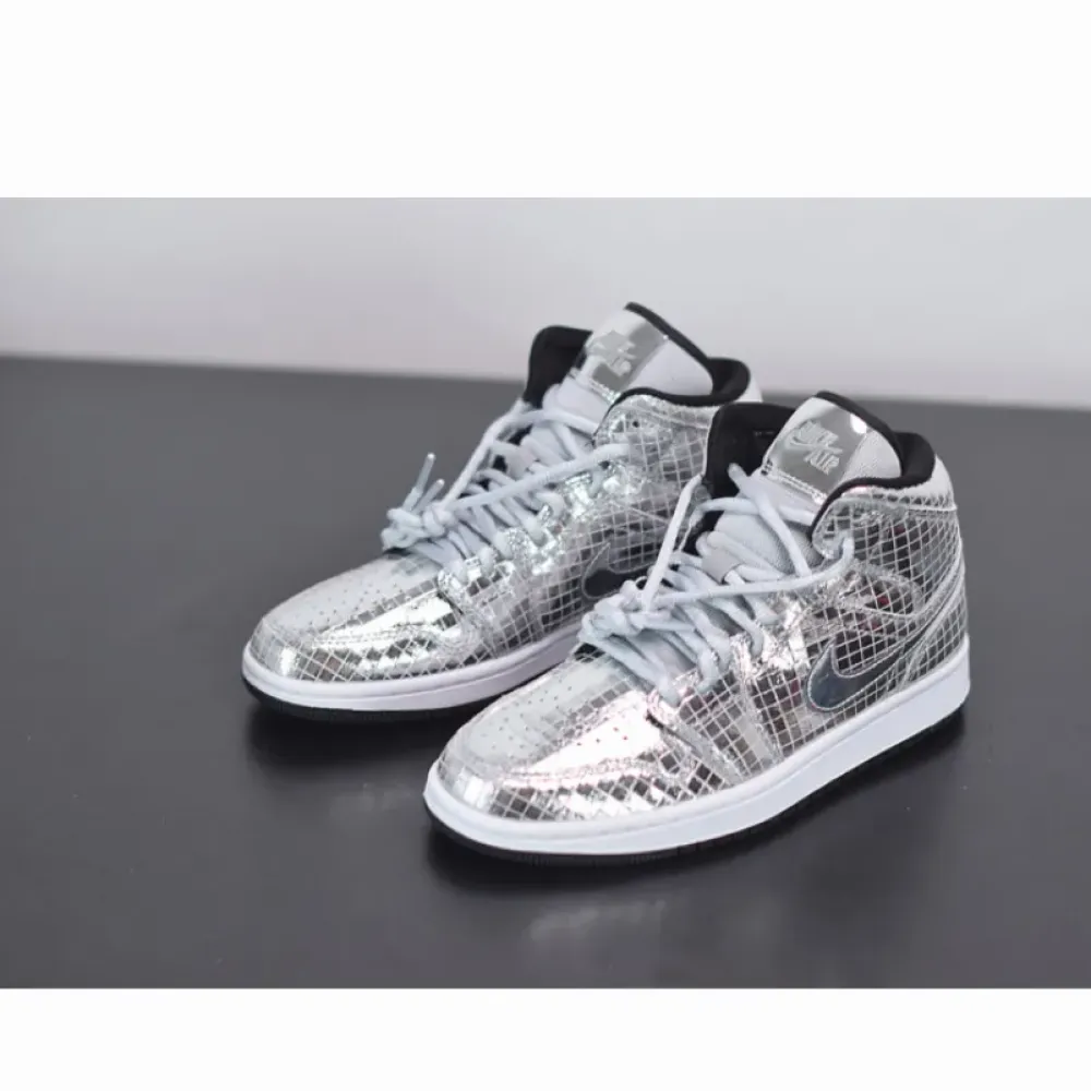 Air Jordan 1 Mid “Disco Ball” Metallic Silver/Black-White  CU9304-001