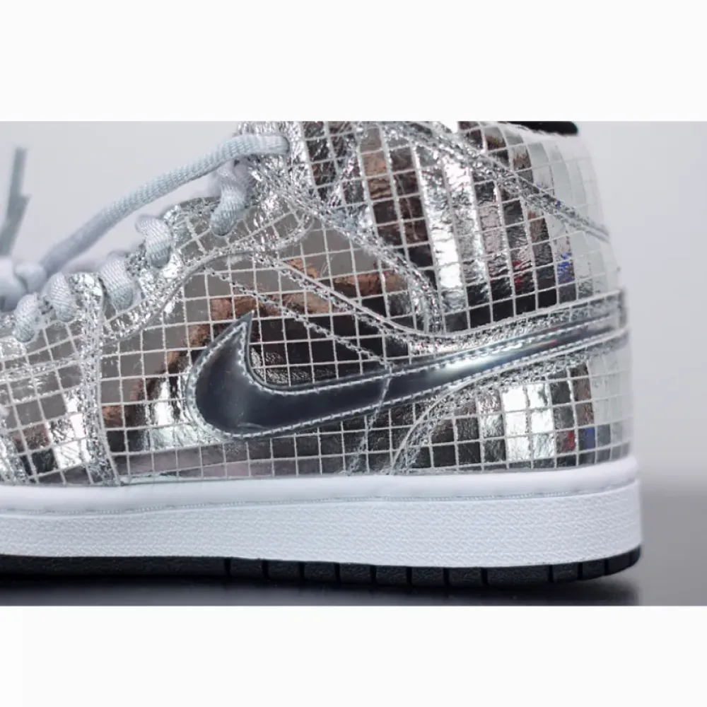 Air Jordan 1 Mid “Disco Ball” Metallic Silver/Black-White  CU9304-001