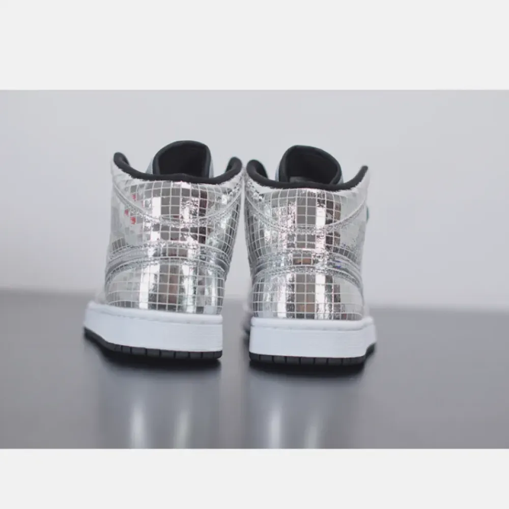 Air Jordan 1 Mid “Disco Ball” Metallic Silver/Black-White  CU9304-001