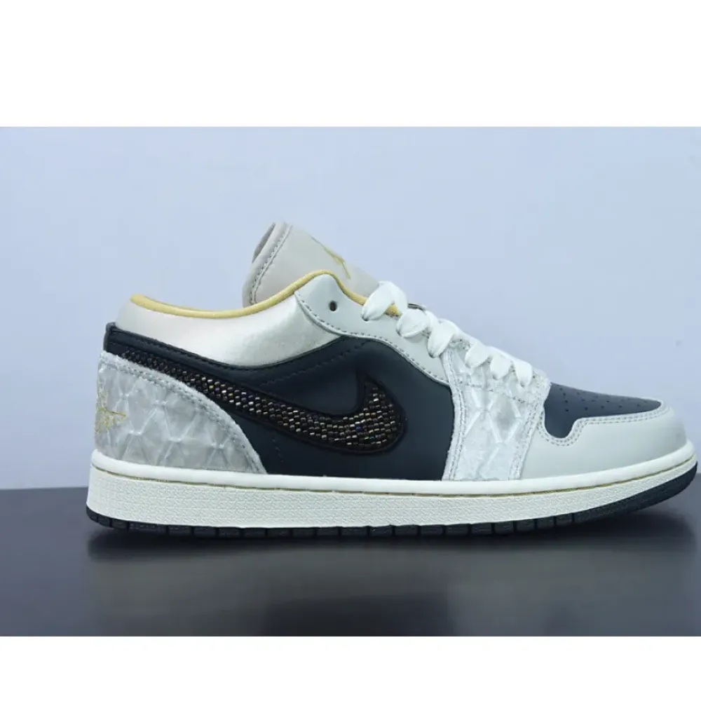 Air Jordan 1 Low Beaded Swooshes Black/Grey-Gold  DV1762-001