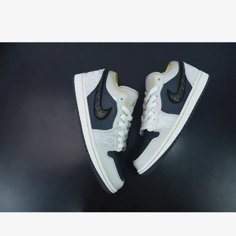 Air Jordan 1 Low Beaded Swooshes Black/Grey-Gold  DV1762-001