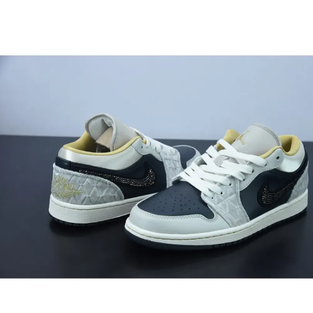 Air Jordan 1 Low Beaded Swooshes Black/Grey-Gold  DV1762-001