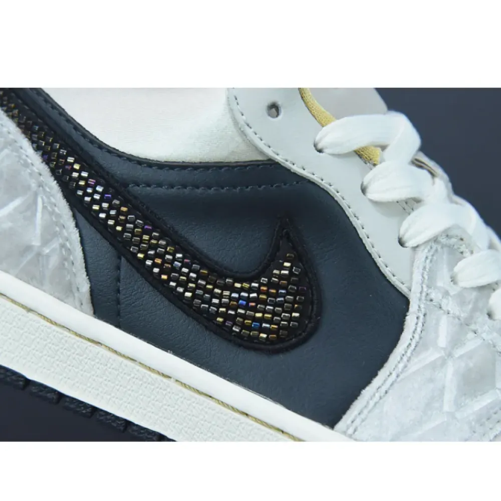 Air Jordan 1 Low Beaded Swooshes Black/Grey-Gold  DV1762-001