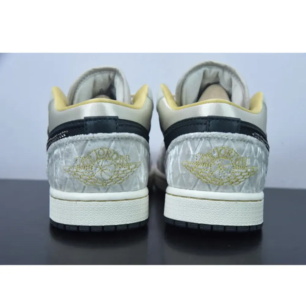 Air Jordan 1 Low Beaded Swooshes Black/Grey-Gold  DV1762-001