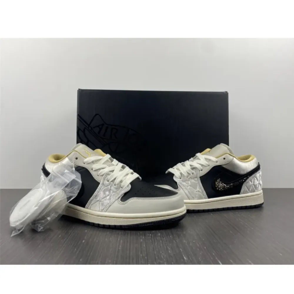 Air Jordan 1 Low Beaded Swooshes Black/Grey-Gold  DV1762-001