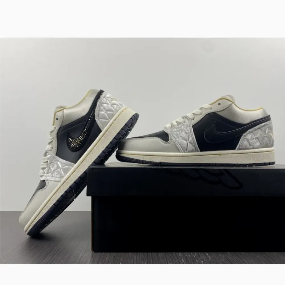 Air Jordan 1 Low Beaded Swooshes Black/Grey-Gold  DV1762-001