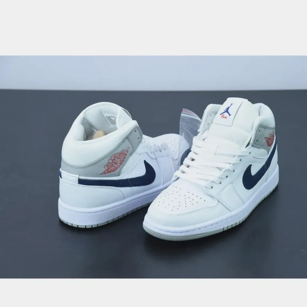Air Jordan 1 Mid Paris White/Grey-Navy-Red  DR8038-100