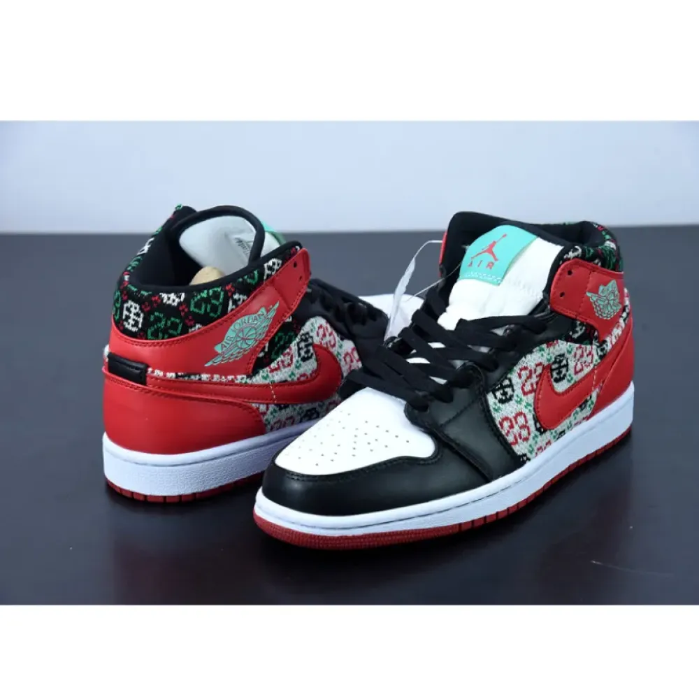 Air Jordan 1 Mid ‘Holiday’ White/Black-Roma Green-University Red  DM1208-150