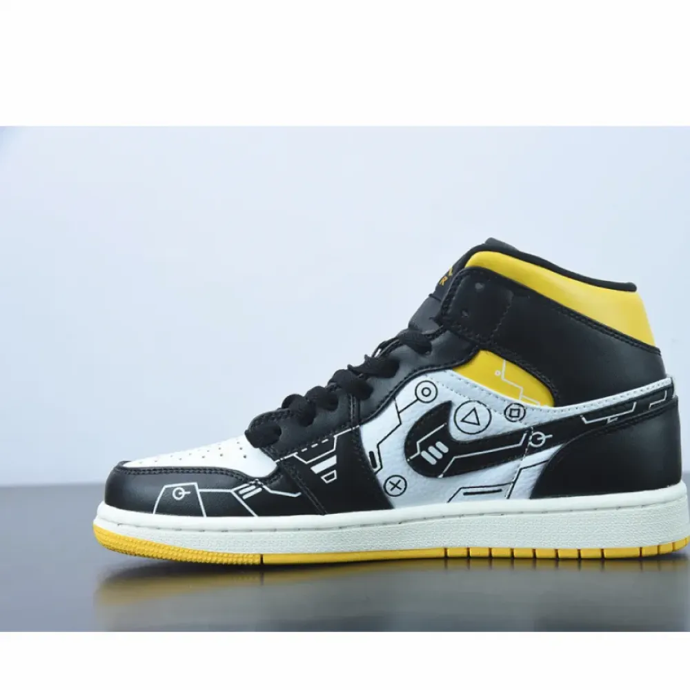 Custom Air Jordan 1 Mid OG ’Video Game’ Black White Yellow